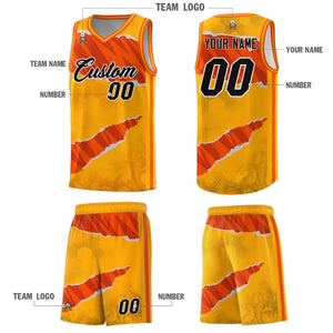 Custom Yellow Orange-Black Tear Graffiti Pattern Sports Uniform Basketball Jersey