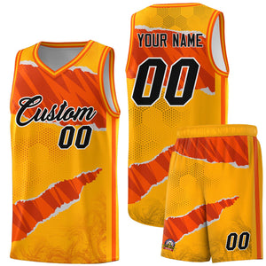 Custom Yellow Orange-Black Tear Graffiti Pattern Sports Uniform Basketball Jersey