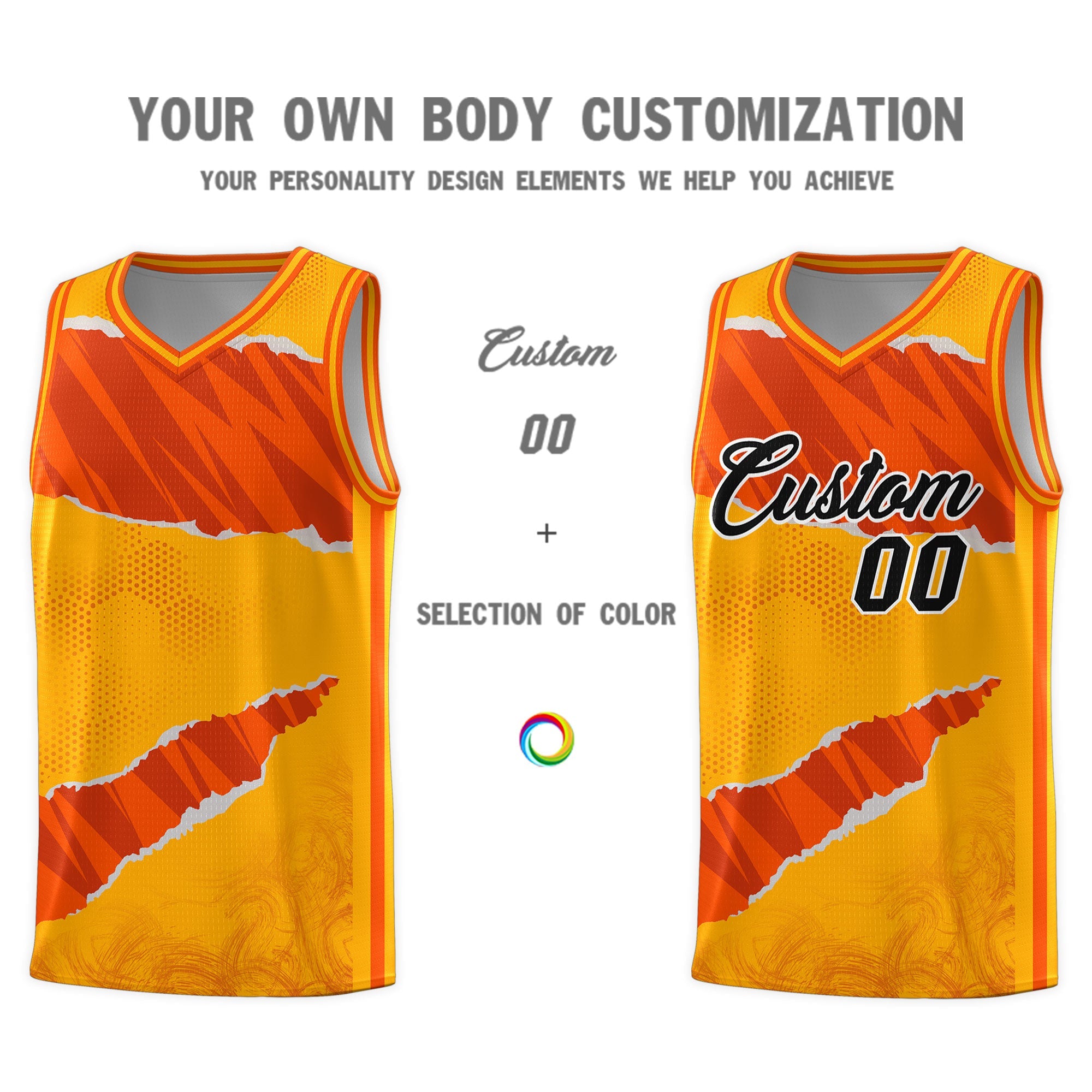 Custom Yellow Orange-Black Tear Graffiti Pattern Sports Uniform Basketball Jersey