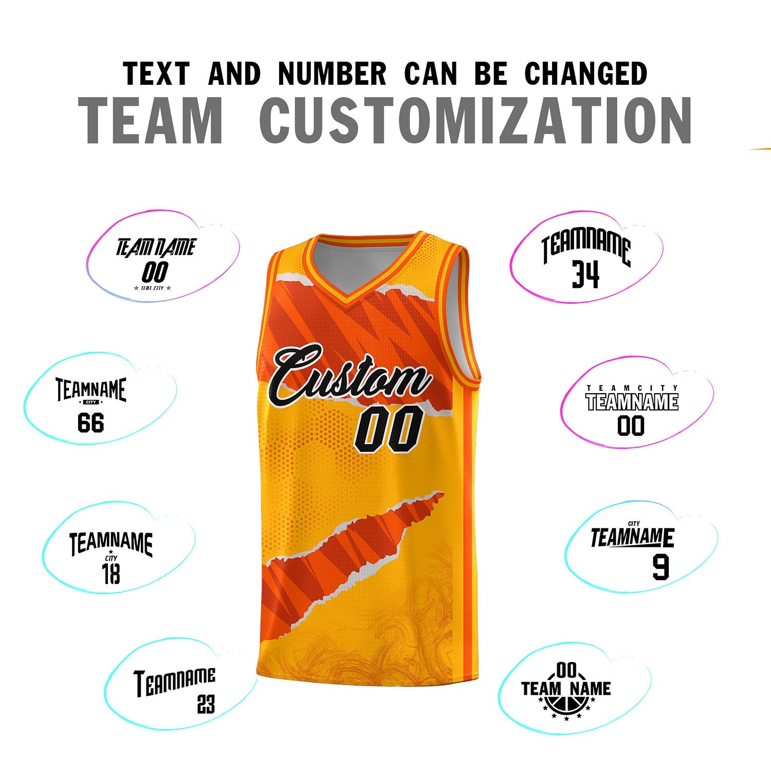 Custom Yellow Orange-Black Tear Graffiti Pattern Sports Uniform Basketball Jersey