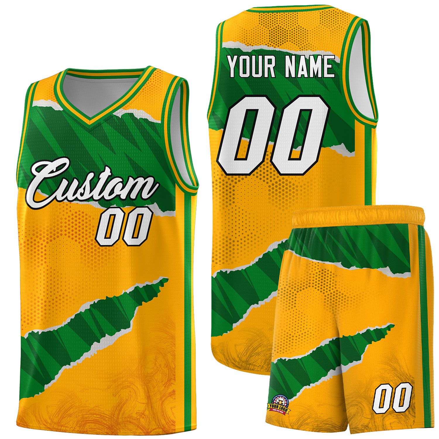 Custom Yellow Kelly Green-Hunter Green Tear Graffiti Pattern Sports Uniform Basketball Jersey