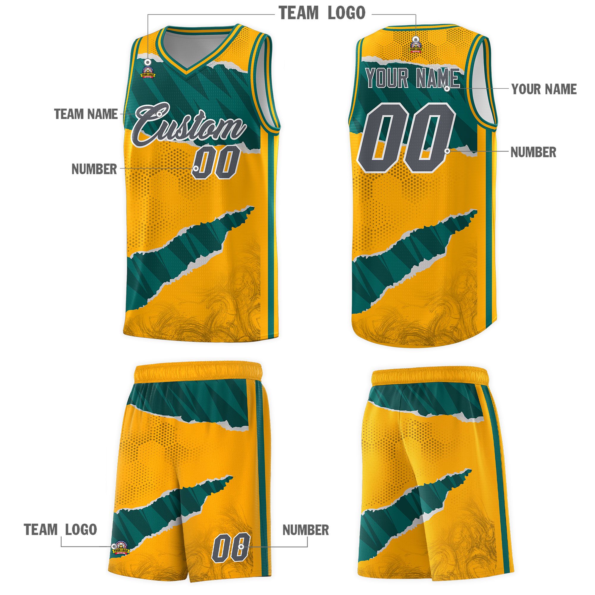 Custom Yellow Aqua-Black Tear Graffiti Pattern Sports Uniform Basketball Jersey