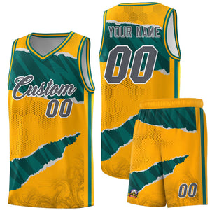 Custom Yellow Aqua-Black Tear Graffiti Pattern Sports Uniform Basketball Jersey