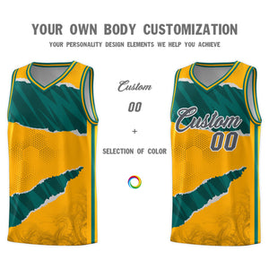 Custom Yellow Aqua-Black Tear Graffiti Pattern Sports Uniform Basketball Jersey