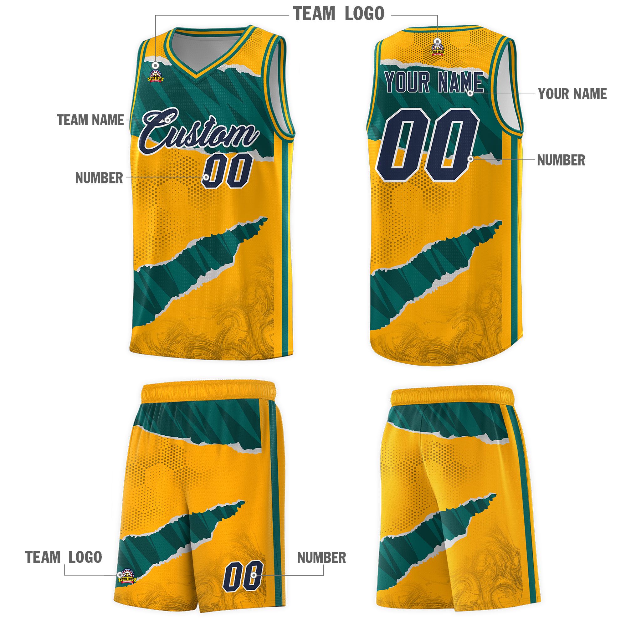 Custom Yellow Aqua-Black Tear Graffiti Pattern Sports Uniform Basketball Jersey