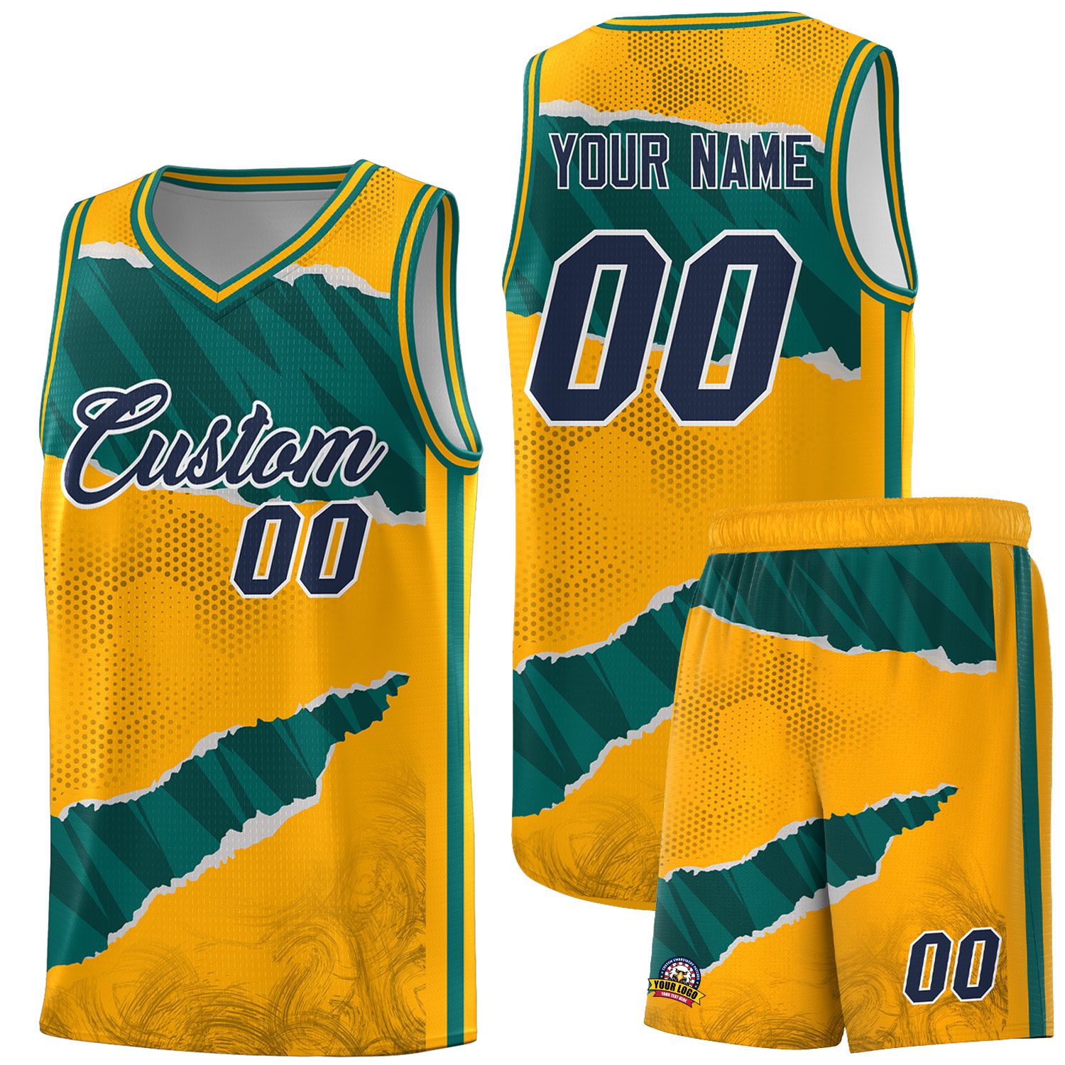 Custom Yellow Aqua-Black Tear Graffiti Pattern Sports Uniform Basketball Jersey