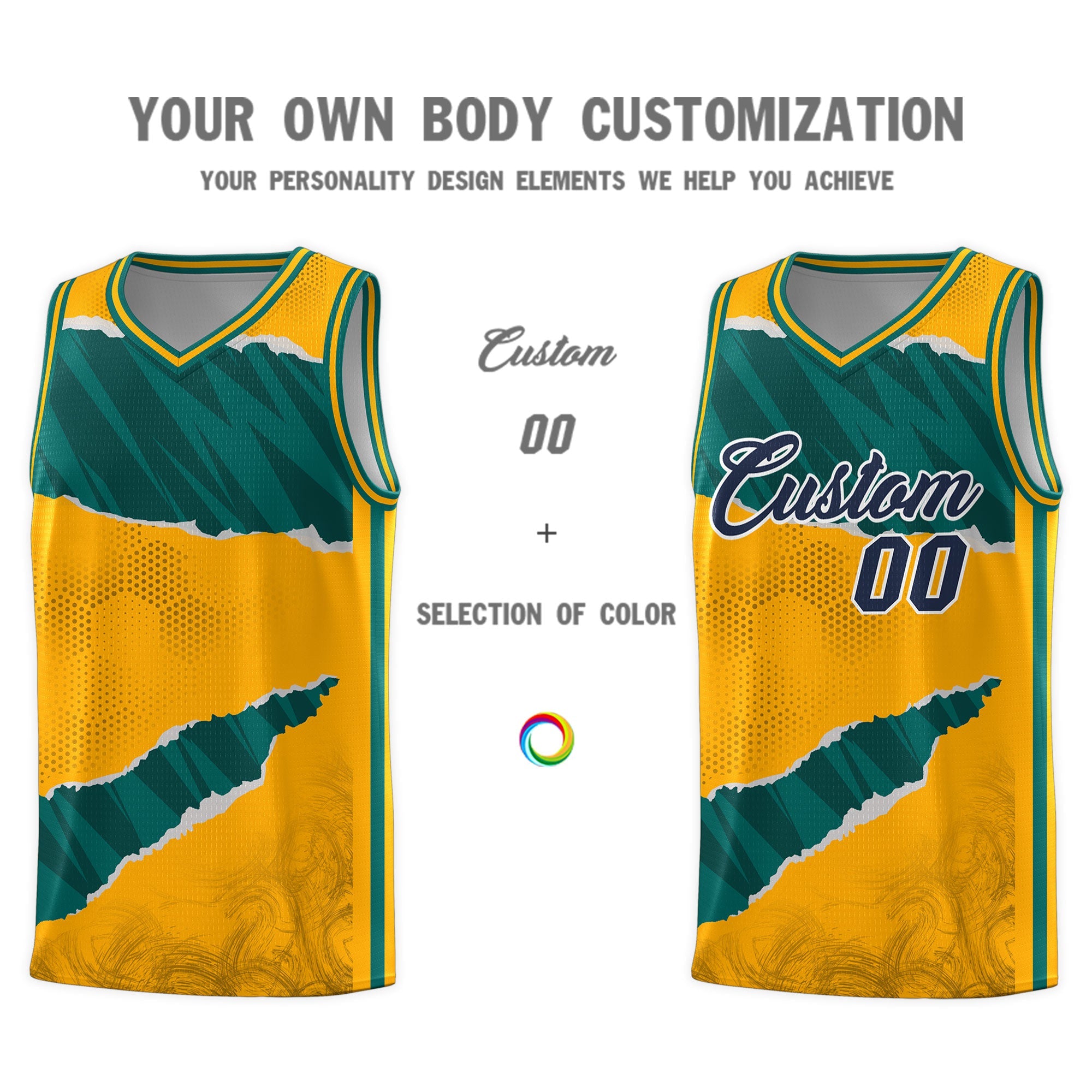 Custom Yellow Aqua-Black Tear Graffiti Pattern Sports Uniform Basketball Jersey