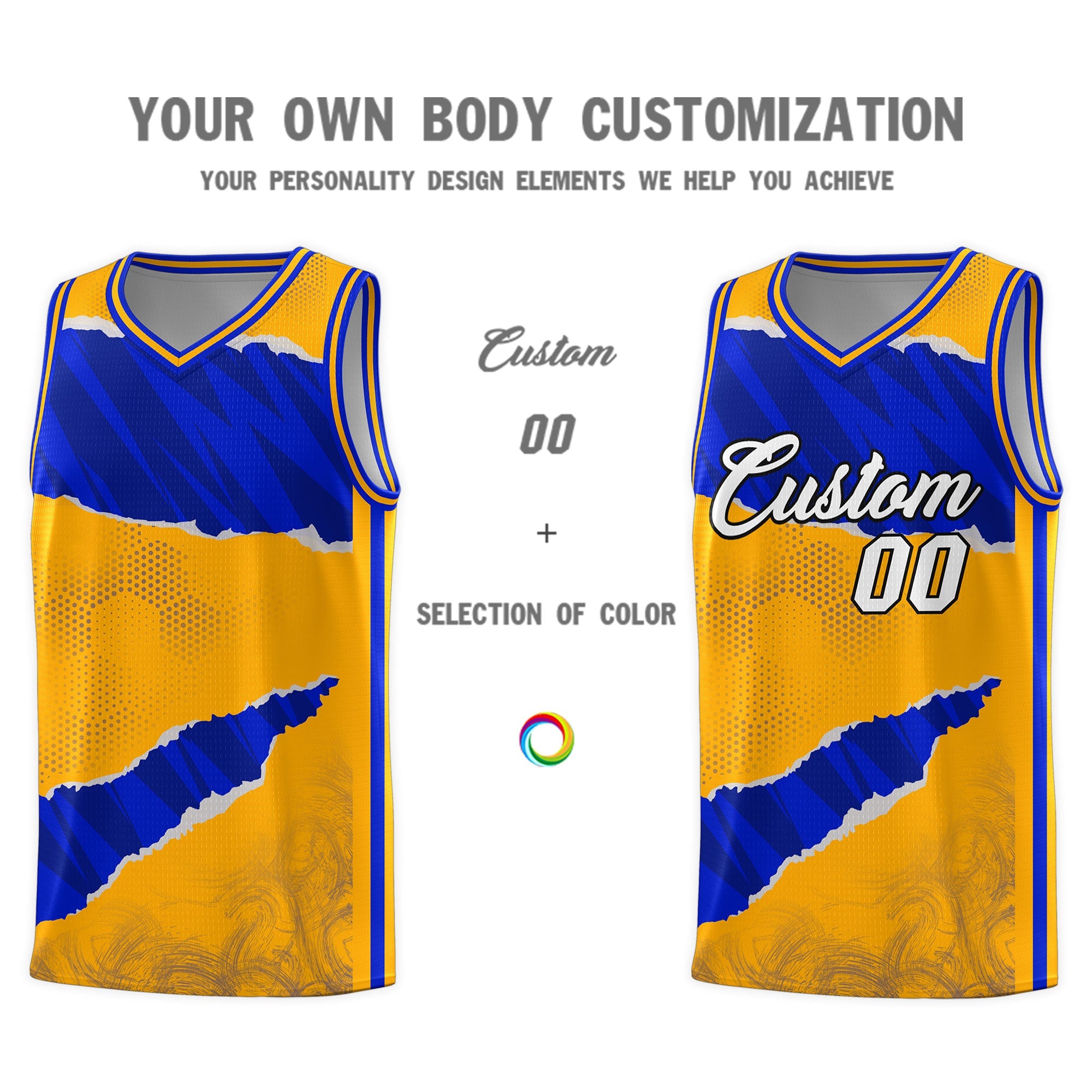 Custom Yellow Royal-Navy Tear Graffiti Pattern Sports Uniform Basketball Jersey