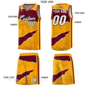 Custom Yellow Crimson-Black Tear Graffiti Pattern Sports Uniform Basketball Jersey