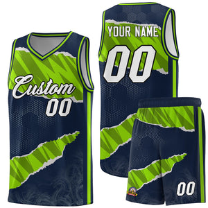 Custom Navy Neon Green-Black Tear Graffiti Pattern Sports Uniform Basketball Jersey