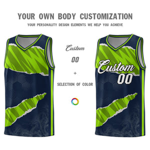 Custom Navy Neon Green-Black Tear Graffiti Pattern Sports Uniform Basketball Jersey