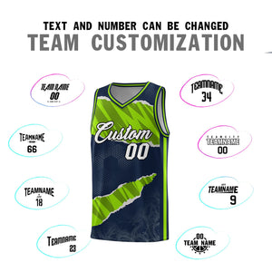 Custom Navy Neon Green-Black Tear Graffiti Pattern Sports Uniform Basketball Jersey