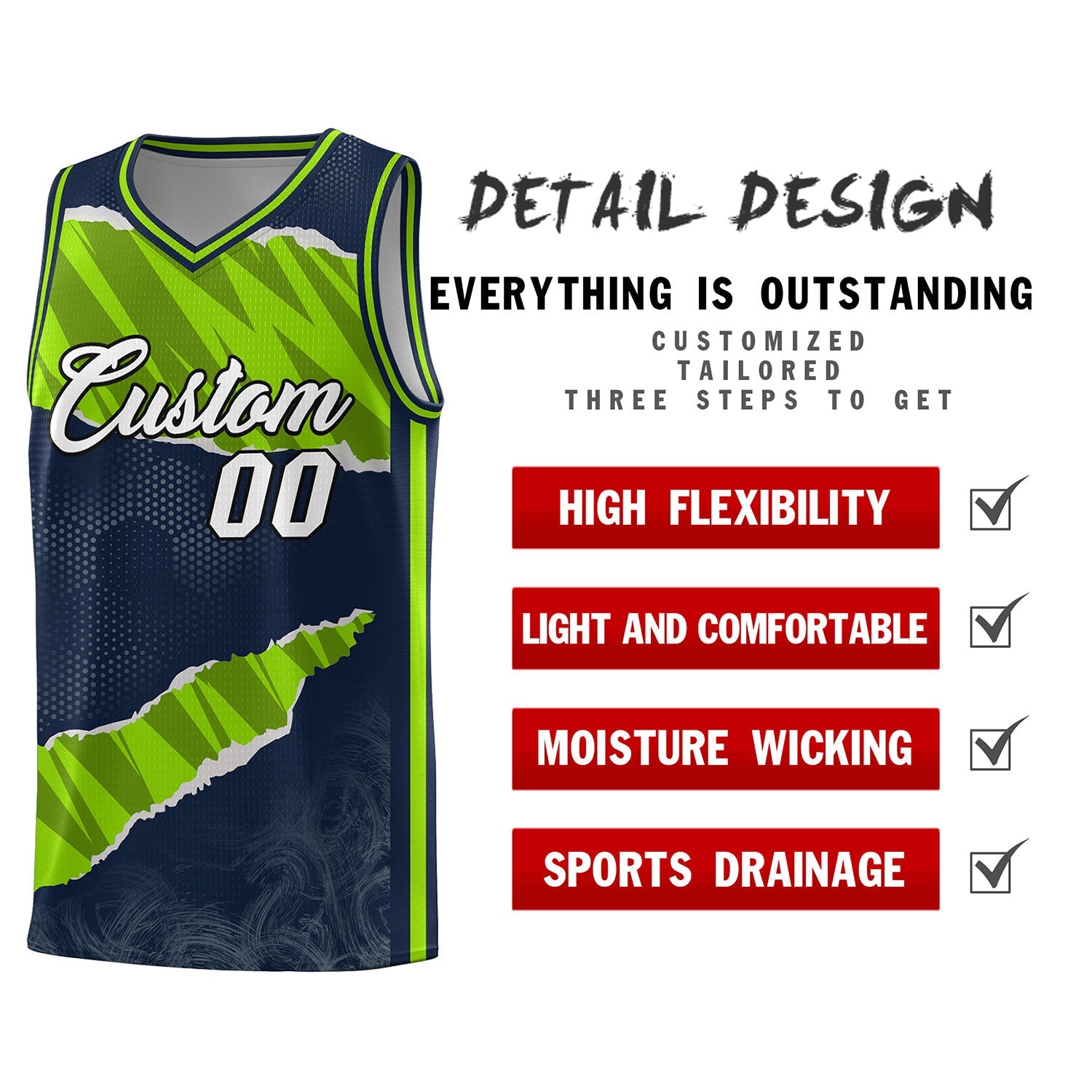 Custom Navy Neon Green-Black Tear Graffiti Pattern Sports Uniform Basketball Jersey