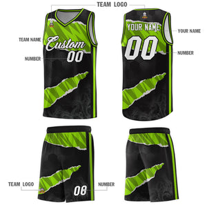 Custom Black Neon Green-Black Tear Graffiti Pattern Sports Uniform Basketball Jersey