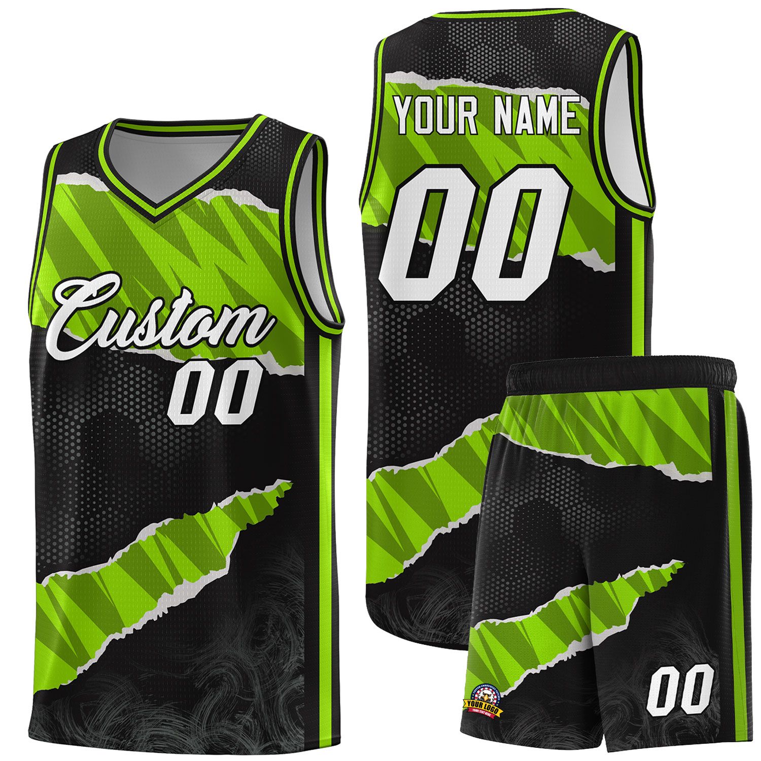 Custom Black Neon Green-Black Tear Graffiti Pattern Sports Uniform Basketball Jersey