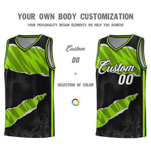 Custom Black Neon Green-Black Tear Graffiti Pattern Sports Uniform Basketball Jersey