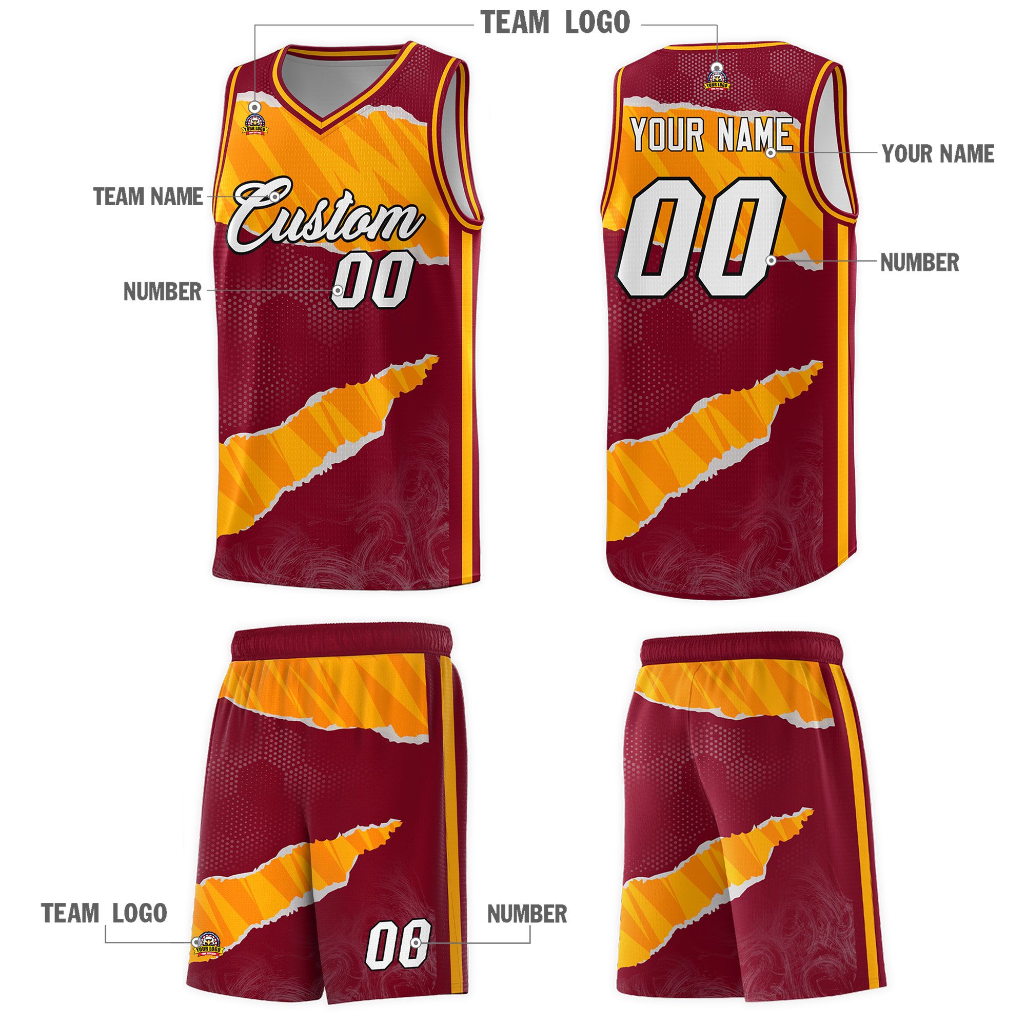 Custom Crimson Yellow-Orange Tear Graffiti Pattern Sports Uniform Basketball Jersey