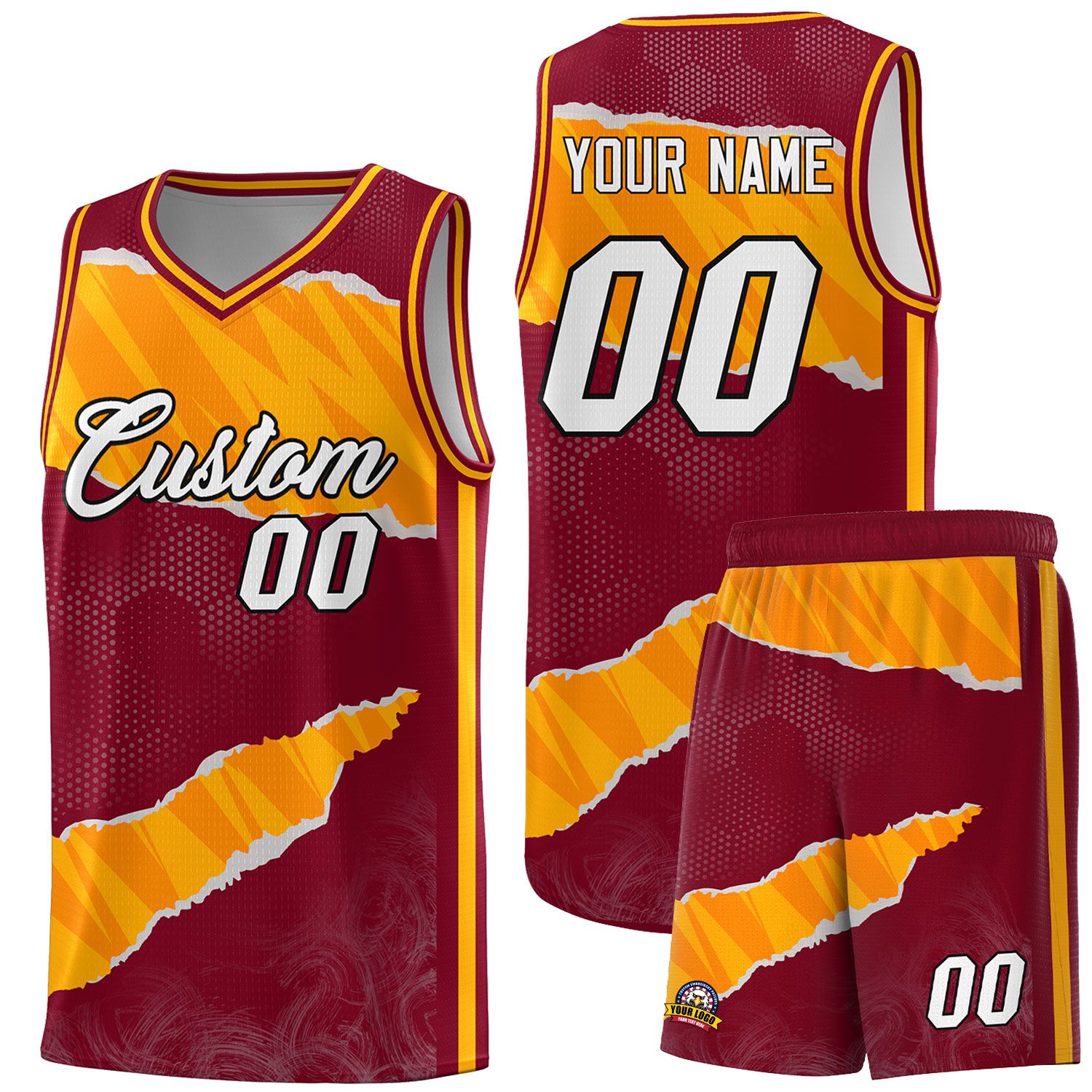 Custom Crimson Yellow-Orange Tear Graffiti Pattern Sports Uniform Basketball Jersey