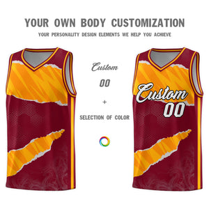 Custom Crimson Yellow-Orange Tear Graffiti Pattern Sports Uniform Basketball Jersey