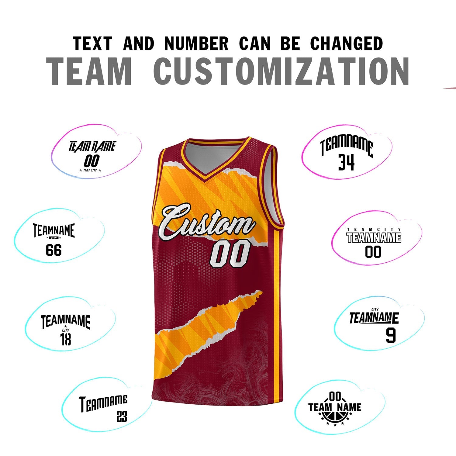 Custom Crimson Yellow-Orange Tear Graffiti Pattern Sports Uniform Basketball Jersey