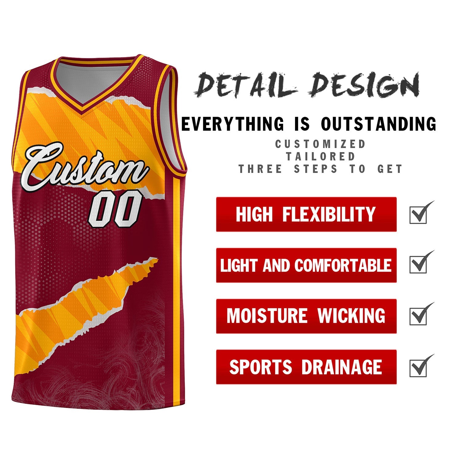 Custom Crimson Yellow-Orange Tear Graffiti Pattern Sports Uniform Basketball Jersey