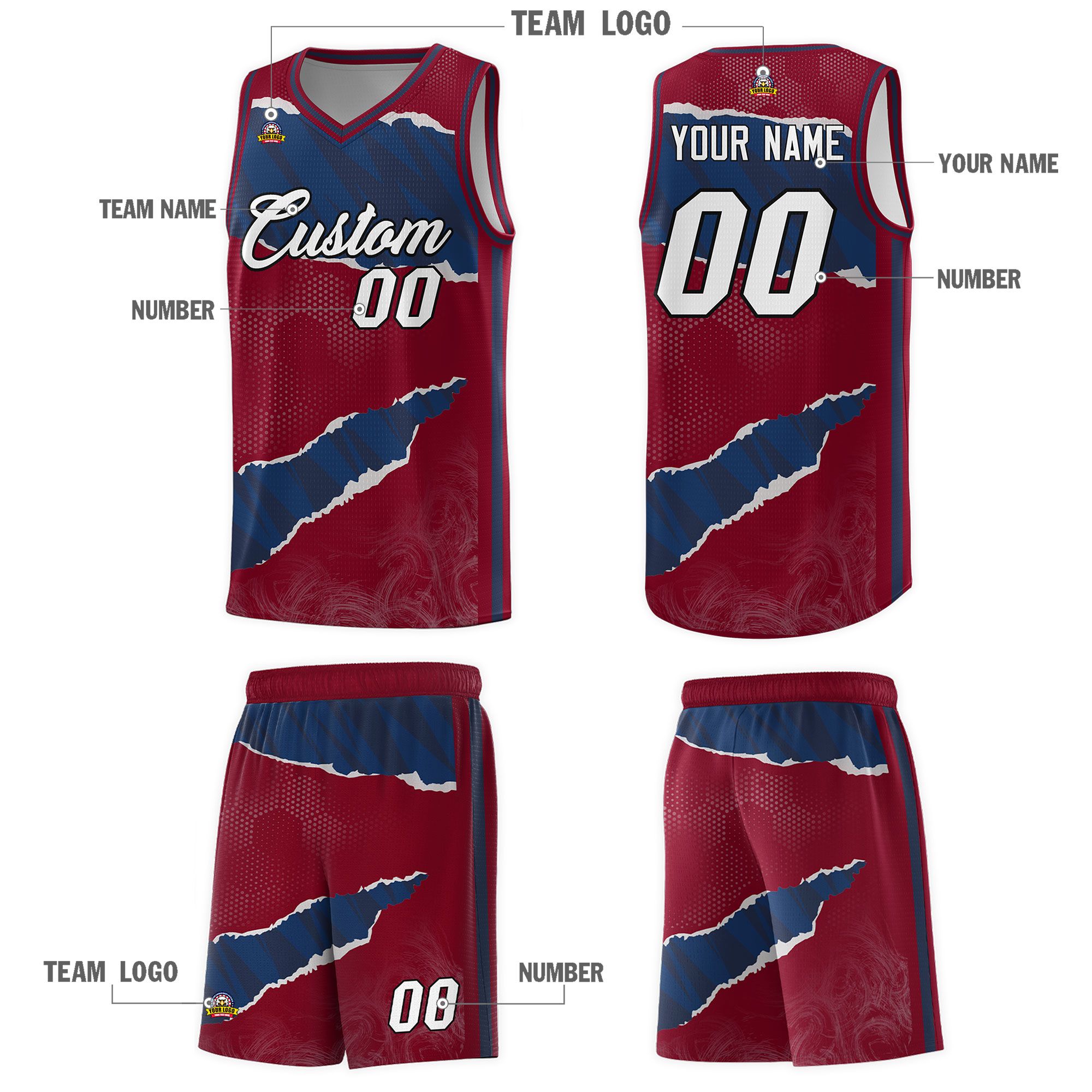 Custom Crimson Navy-Crimson Tear Graffiti Pattern Sports Uniform Basketball Jersey