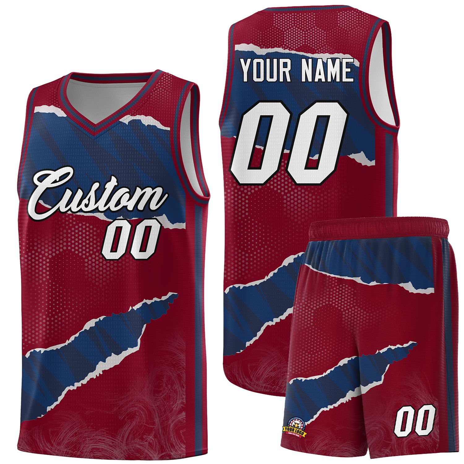 Custom Crimson Navy-Crimson Tear Graffiti Pattern Sports Uniform Basketball Jersey