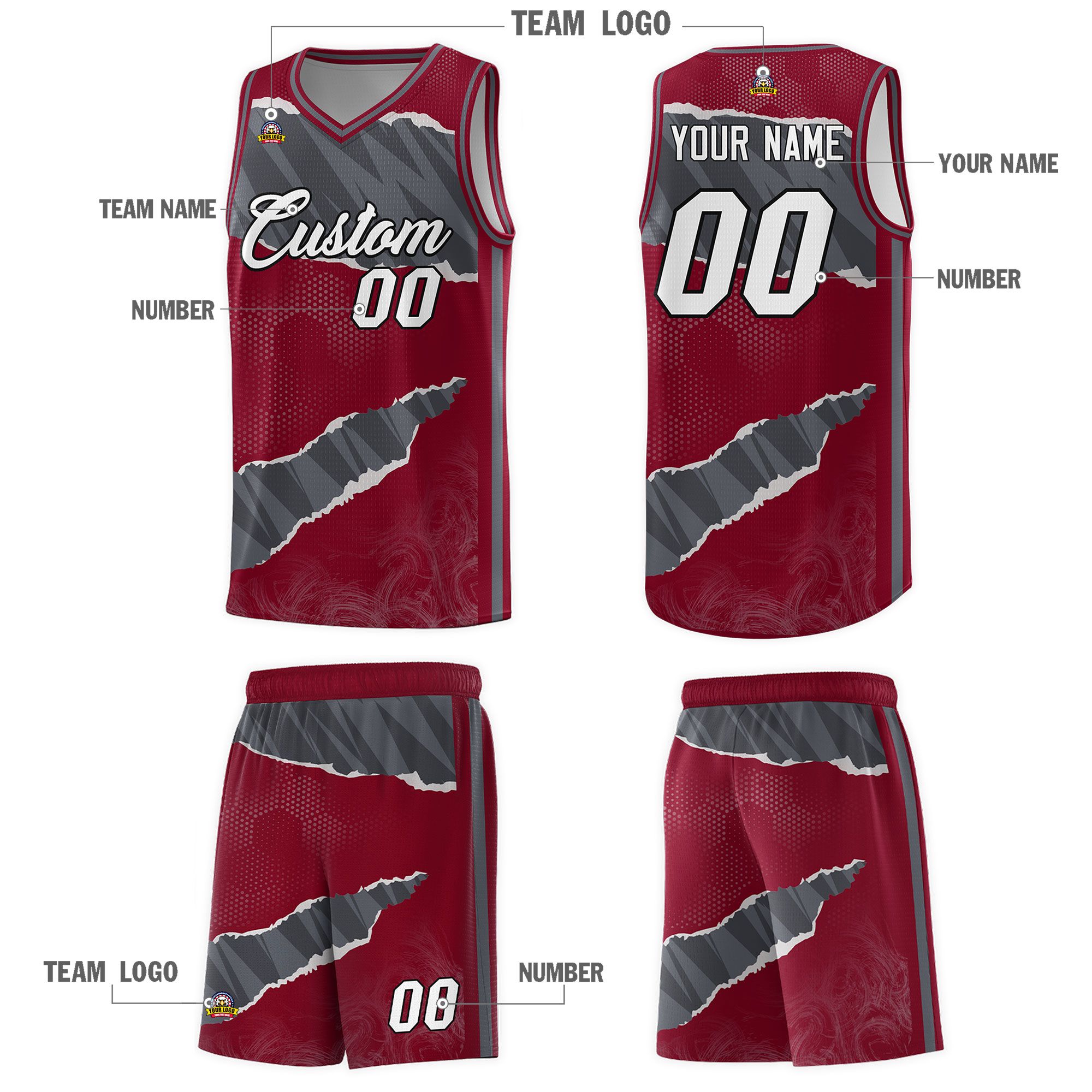 Custom Crimson Gray-Dark Gray Tear Graffiti Pattern Sports Uniform Basketball Jersey