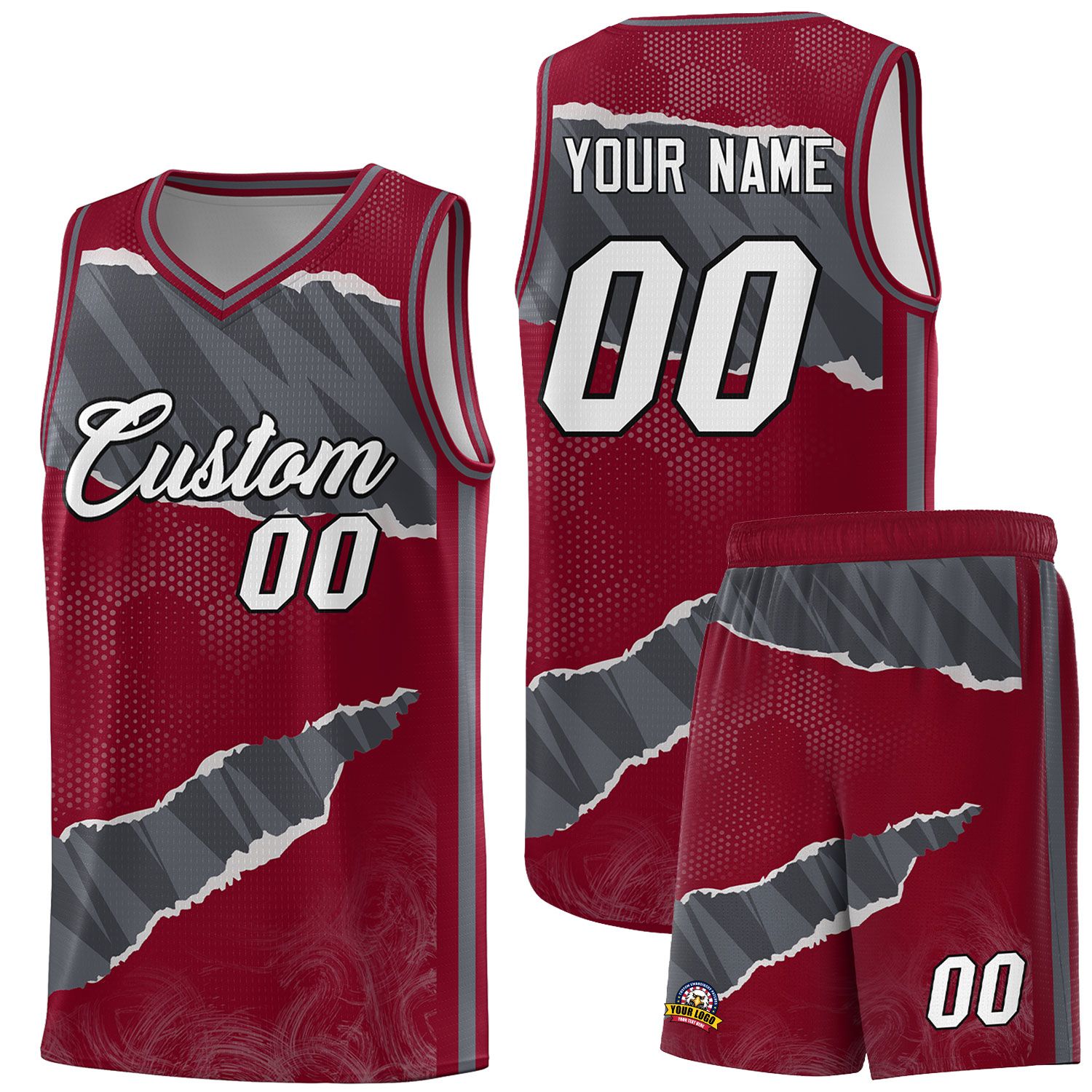 Custom Crimson Gray-Dark Gray Tear Graffiti Pattern Sports Uniform Basketball Jersey