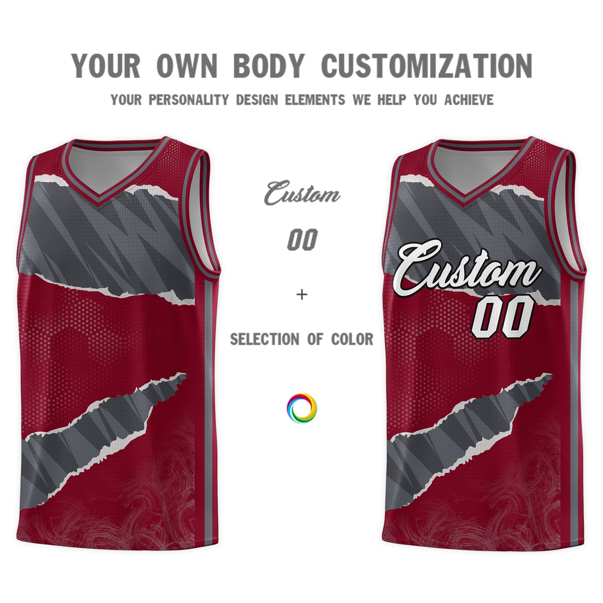 Custom Crimson Gray-Dark Gray Tear Graffiti Pattern Sports Uniform Basketball Jersey