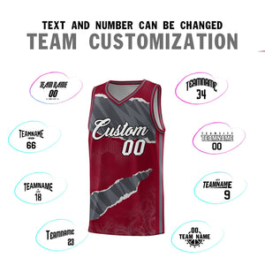 Custom Crimson Gray-Dark Gray Tear Graffiti Pattern Sports Uniform Basketball Jersey