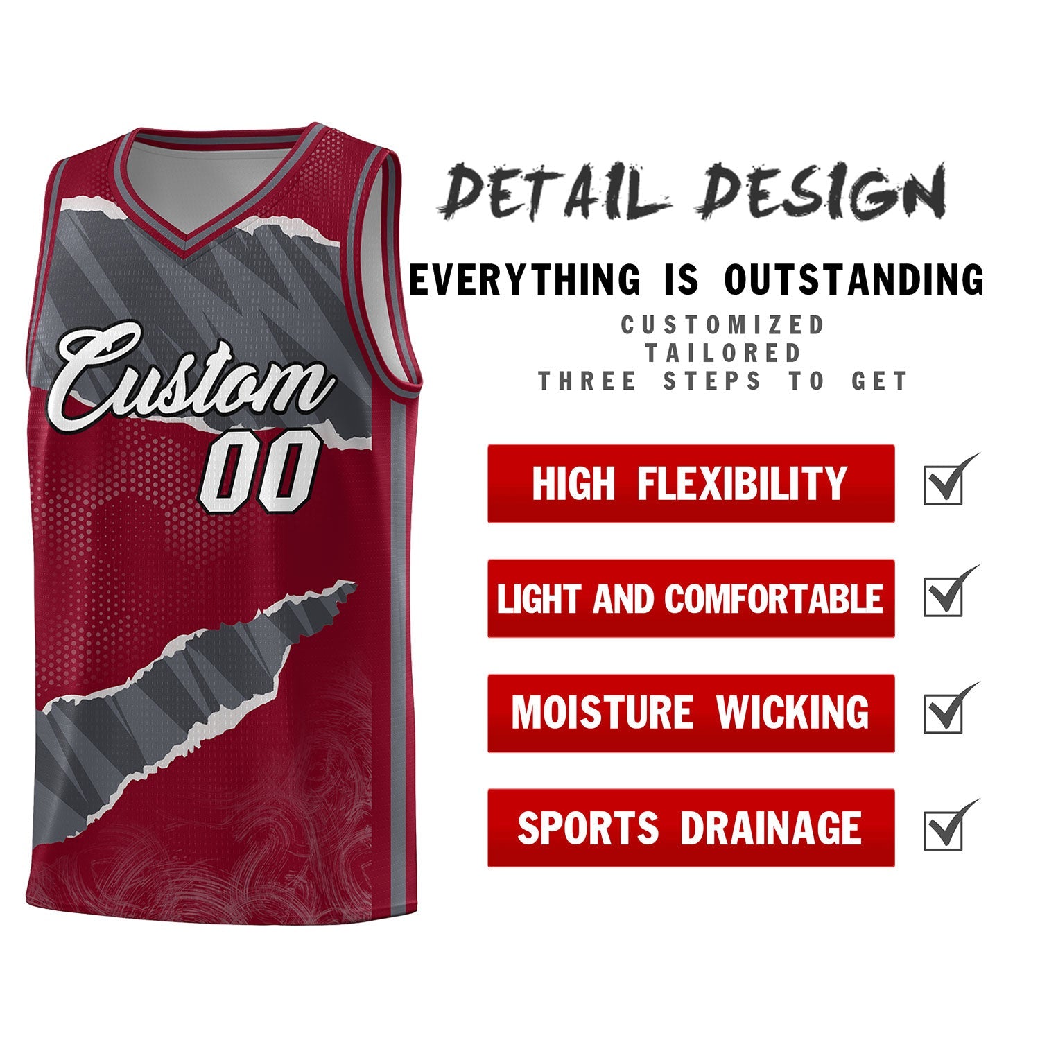 Custom Crimson Gray-Dark Gray Tear Graffiti Pattern Sports Uniform Basketball Jersey