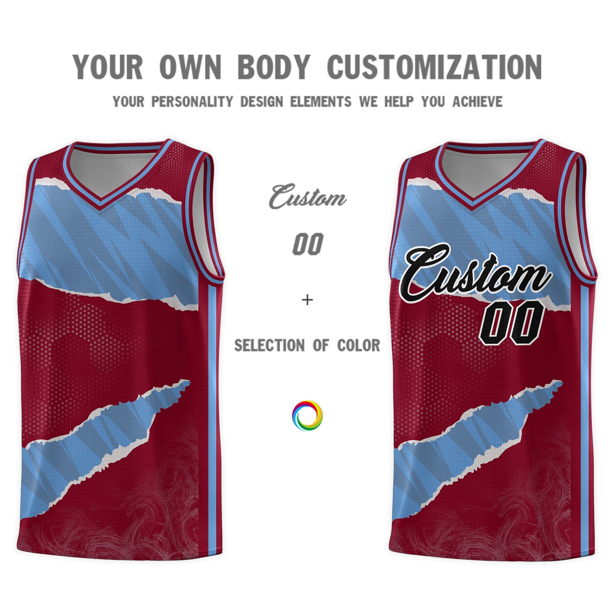 Custom Crimson Light Blue-Crimson Tear Graffiti Pattern Sports Uniform Basketball Jersey