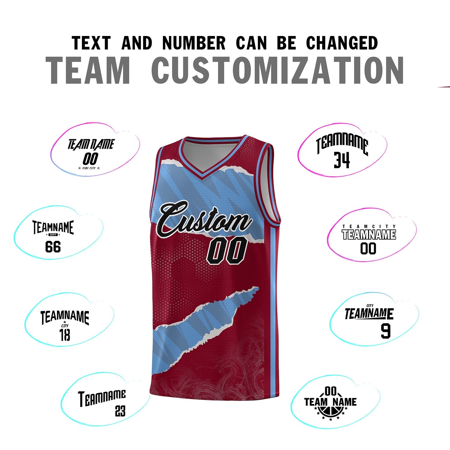 Custom Crimson Light Blue-Crimson Tear Graffiti Pattern Sports Uniform Basketball Jersey