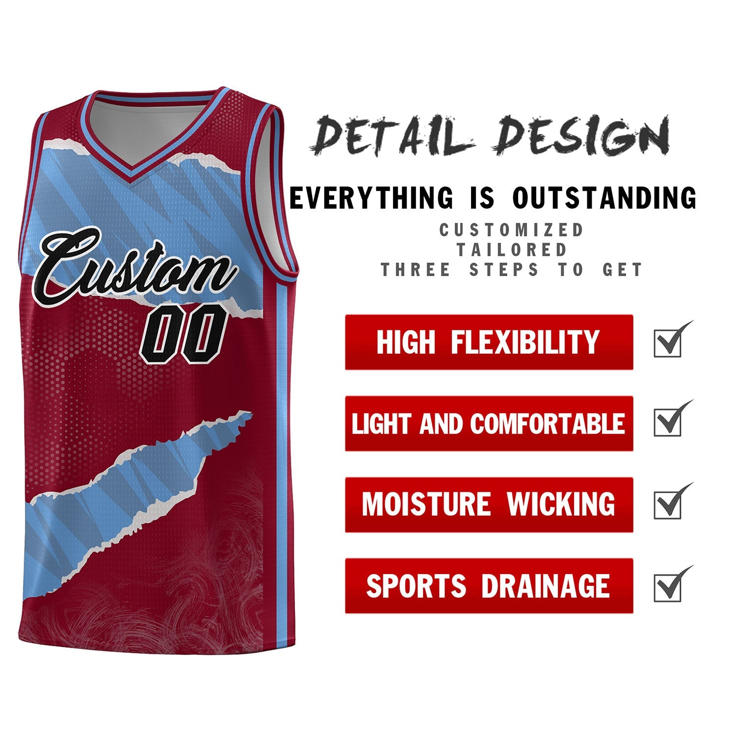 Custom Crimson Light Blue-Crimson Tear Graffiti Pattern Sports Uniform Basketball Jersey