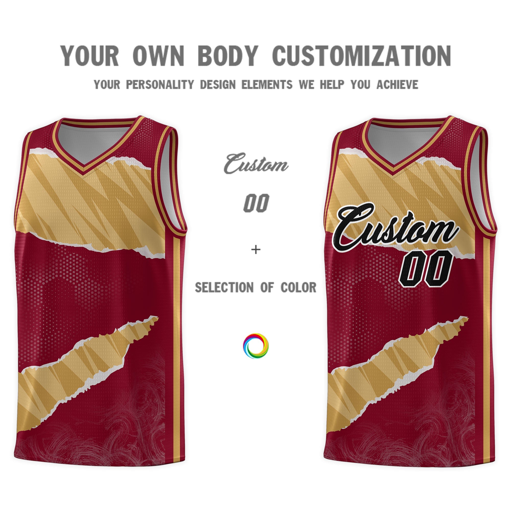 Custom Crimson Old Gold-Old Gold Tear Graffiti Pattern Sports Uniform Basketball Jersey