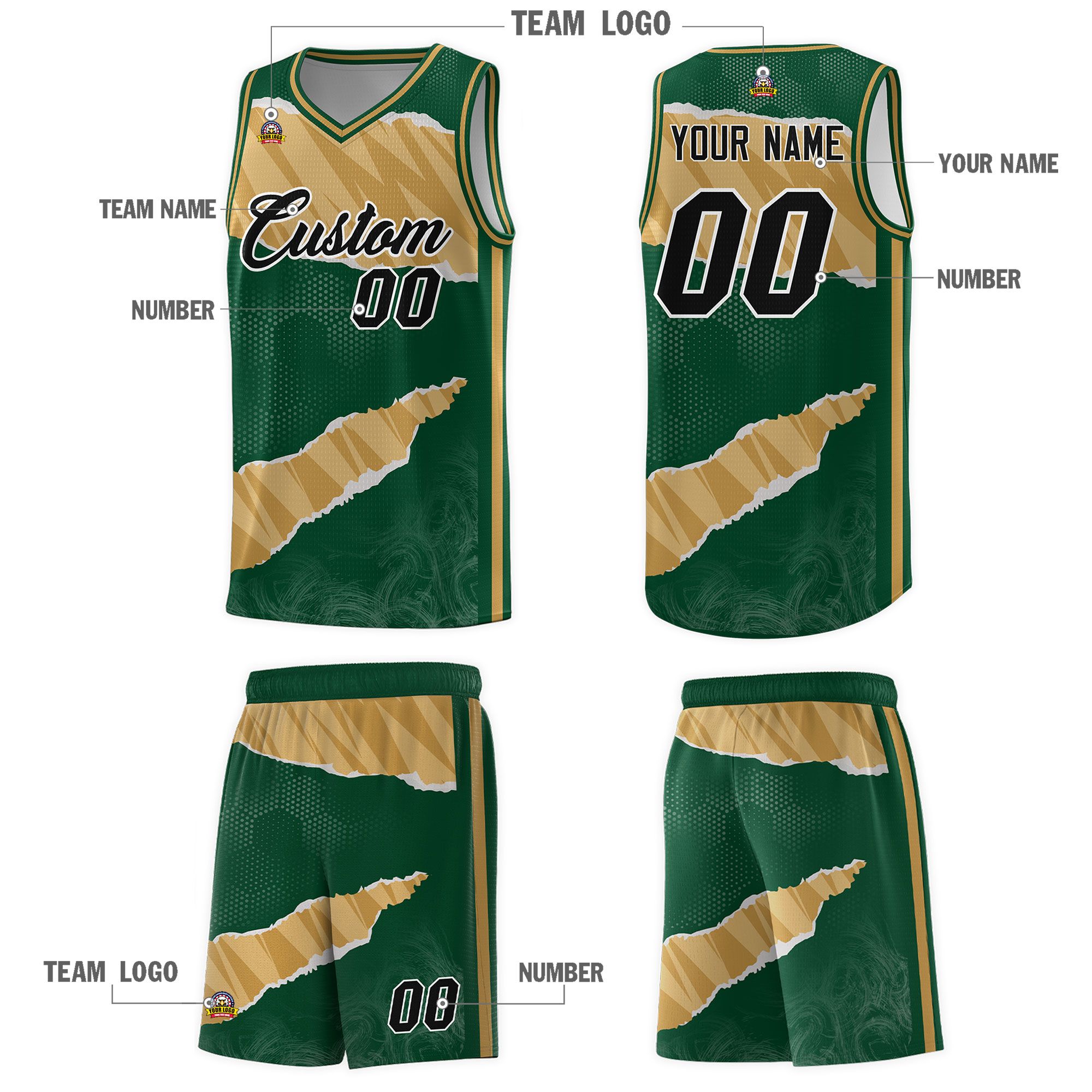 Custom Hunter Green Old Gold-Old Gold Tear Graffiti Pattern Sports Uniform Basketball Jersey