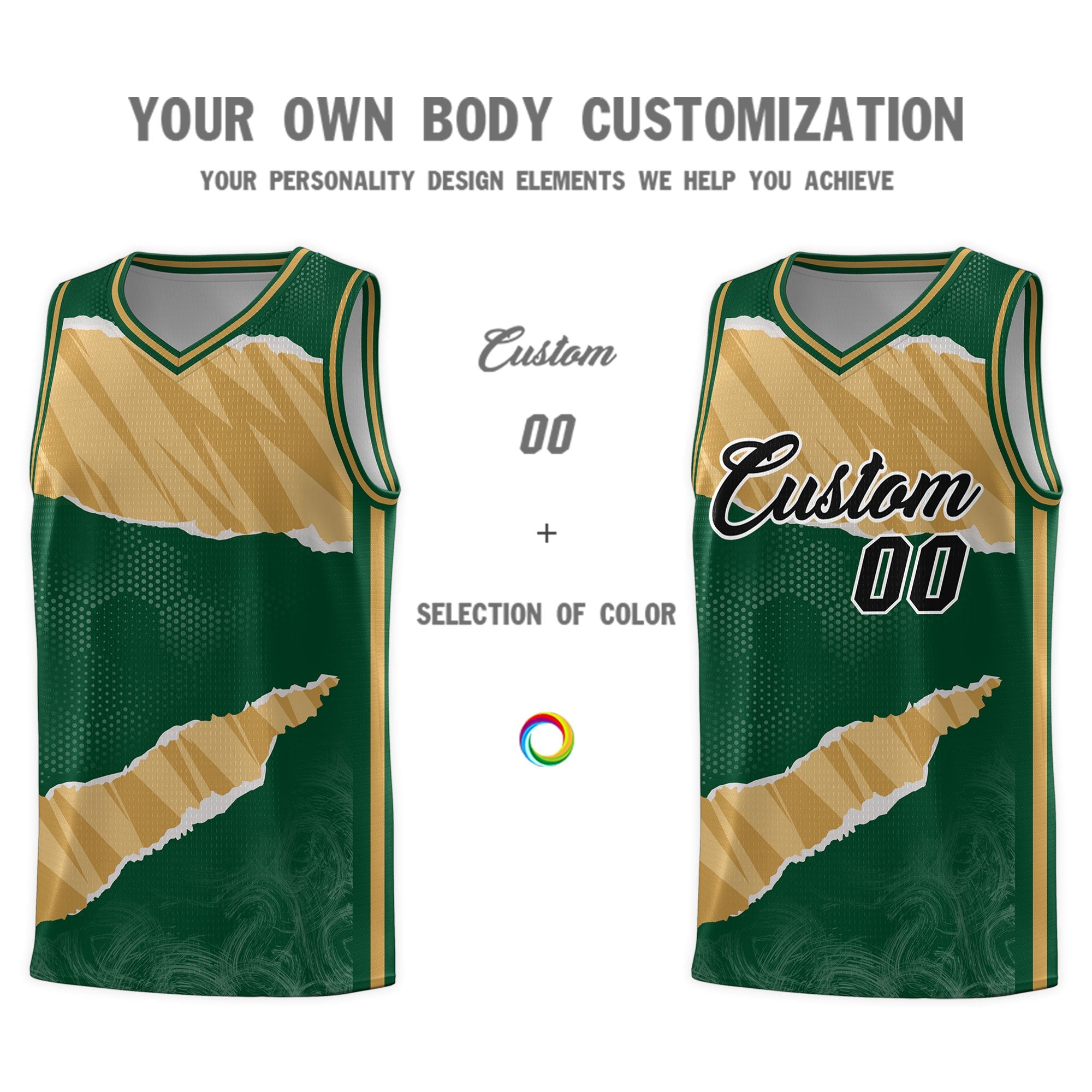 Custom Hunter Green Old Gold-Old Gold Tear Graffiti Pattern Sports Uniform Basketball Jersey