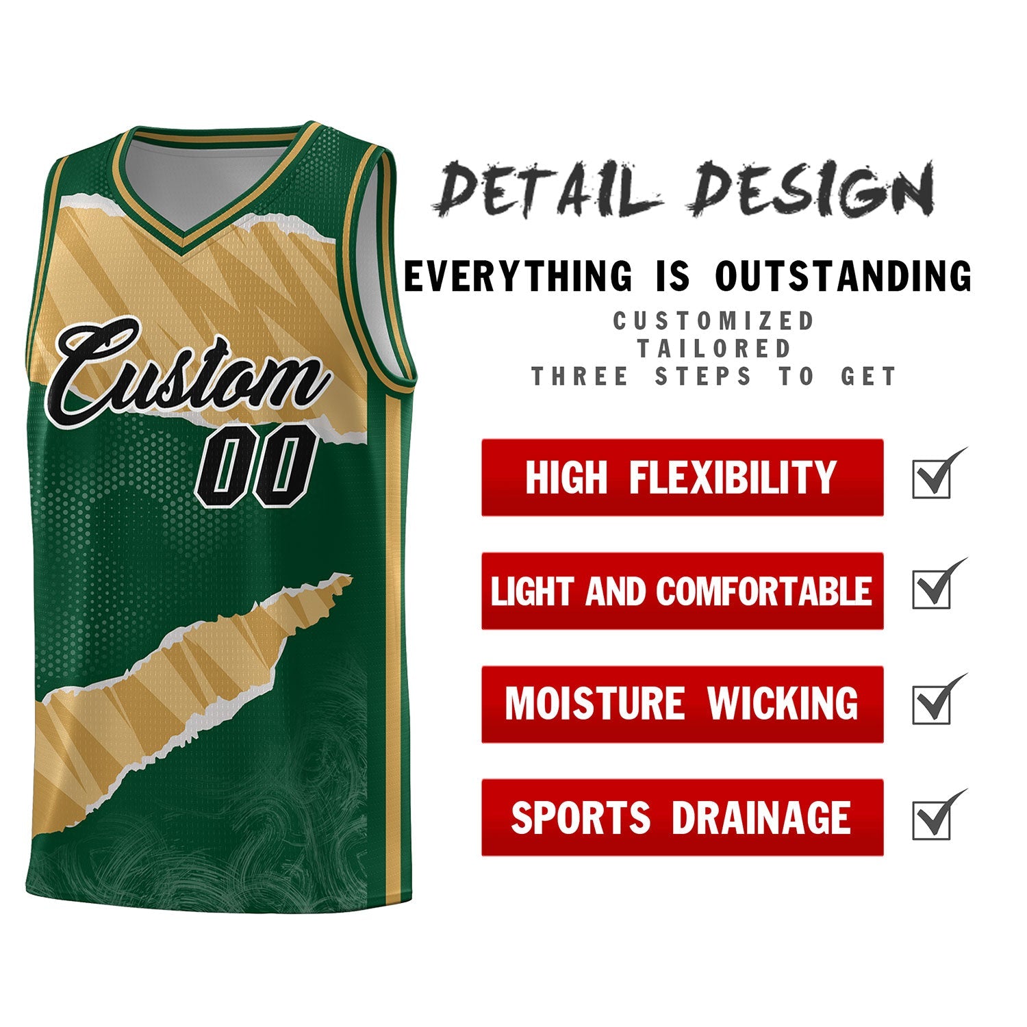 Custom Hunter Green Old Gold-Old Gold Tear Graffiti Pattern Sports Uniform Basketball Jersey