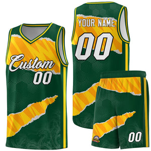 Custom Hunter Green Gold-Orange Tear Graffiti Pattern Sports Uniform Basketball Jersey