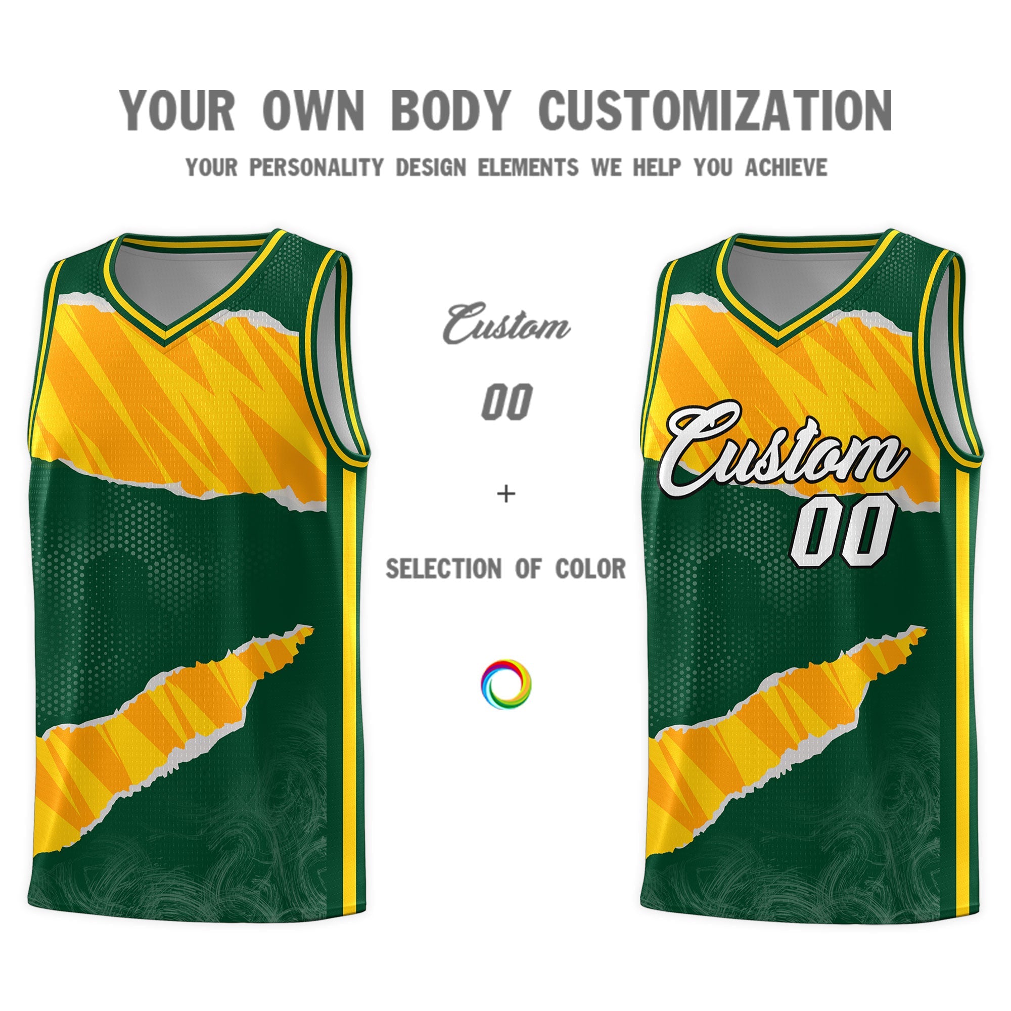 Custom Hunter Green Gold-Orange Tear Graffiti Pattern Sports Uniform Basketball Jersey