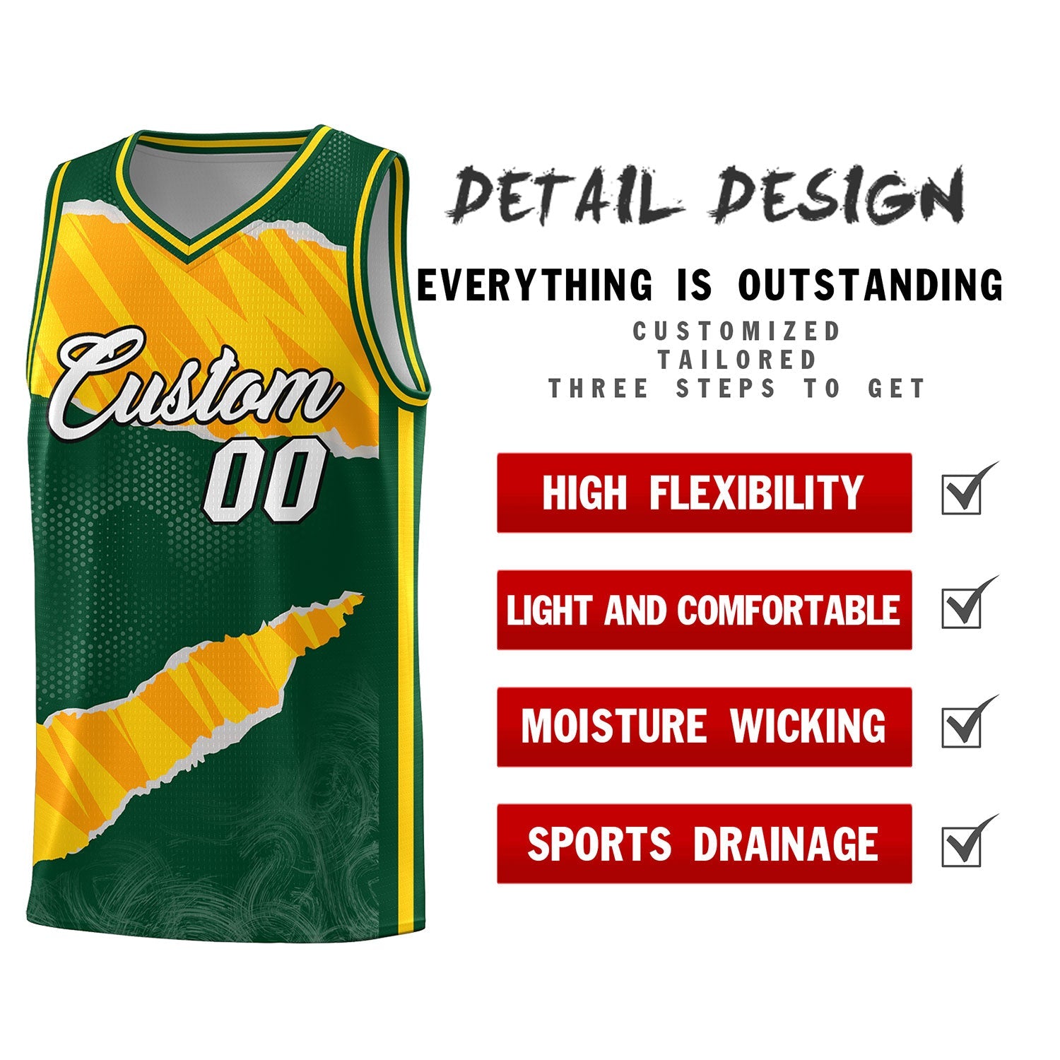 Custom Hunter Green Gold-Orange Tear Graffiti Pattern Sports Uniform Basketball Jersey