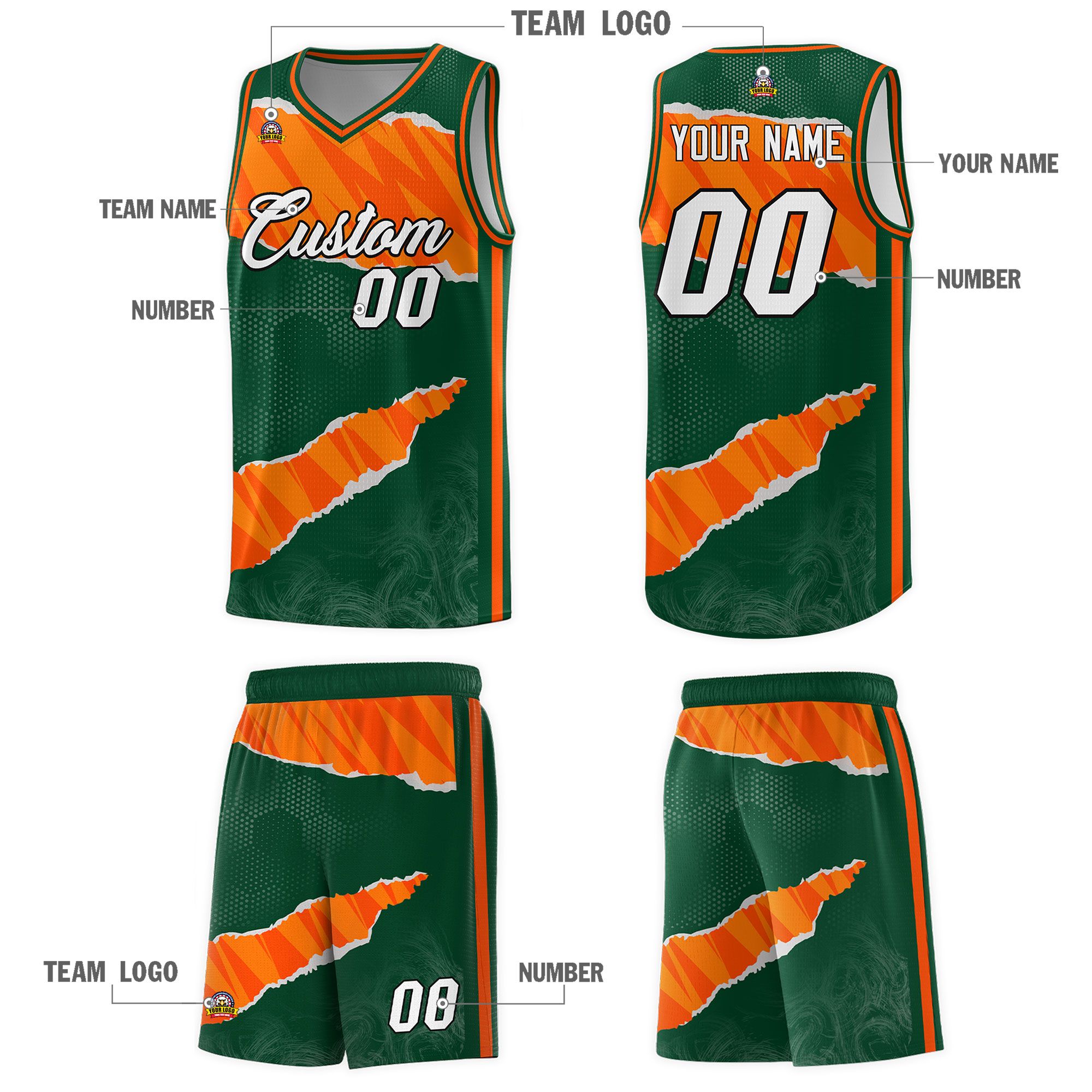 Custom Hunter Green Orange-Gold Tear Graffiti Pattern Sports Uniform Basketball Jersey