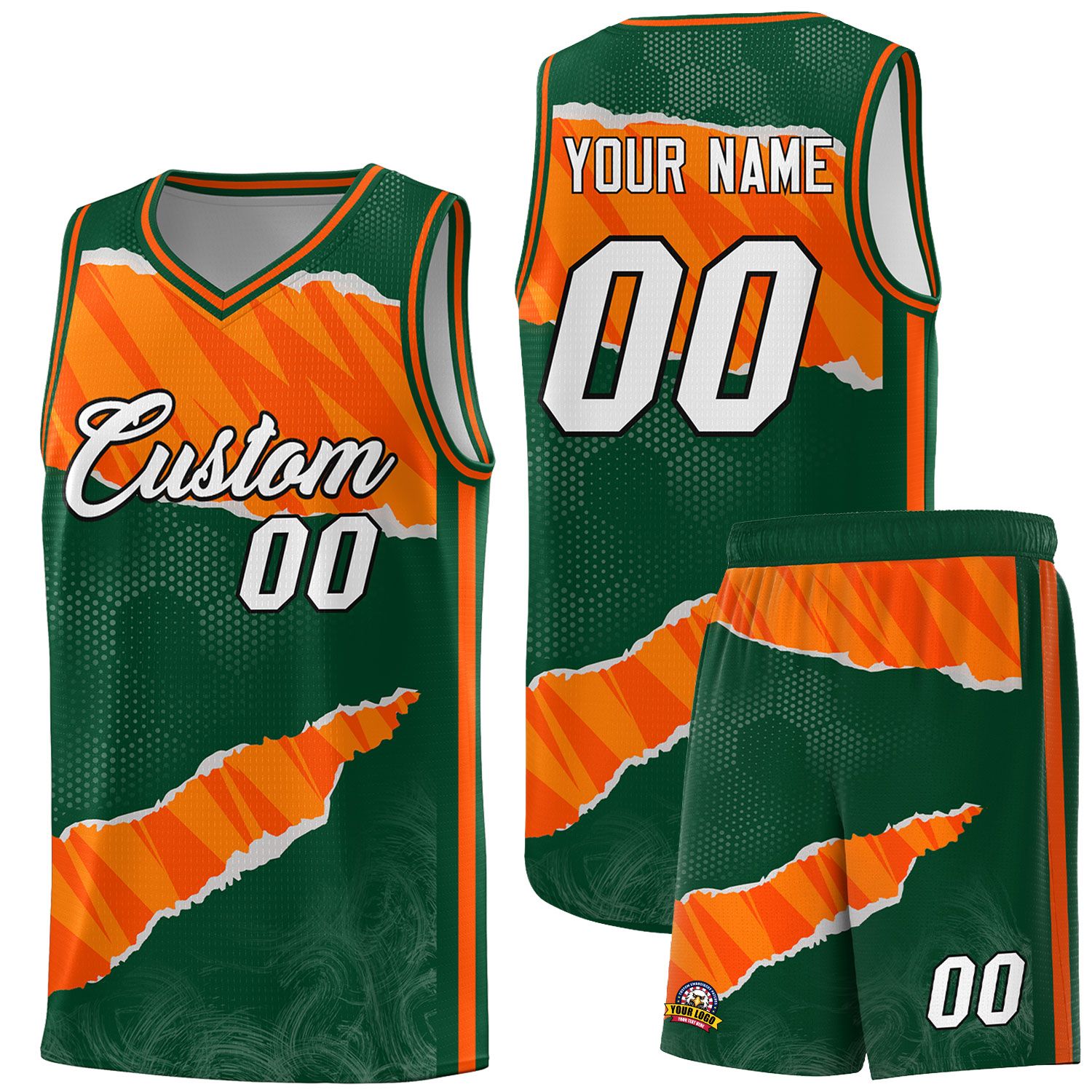 Custom Hunter Green Orange-Gold Tear Graffiti Pattern Sports Uniform Basketball Jersey