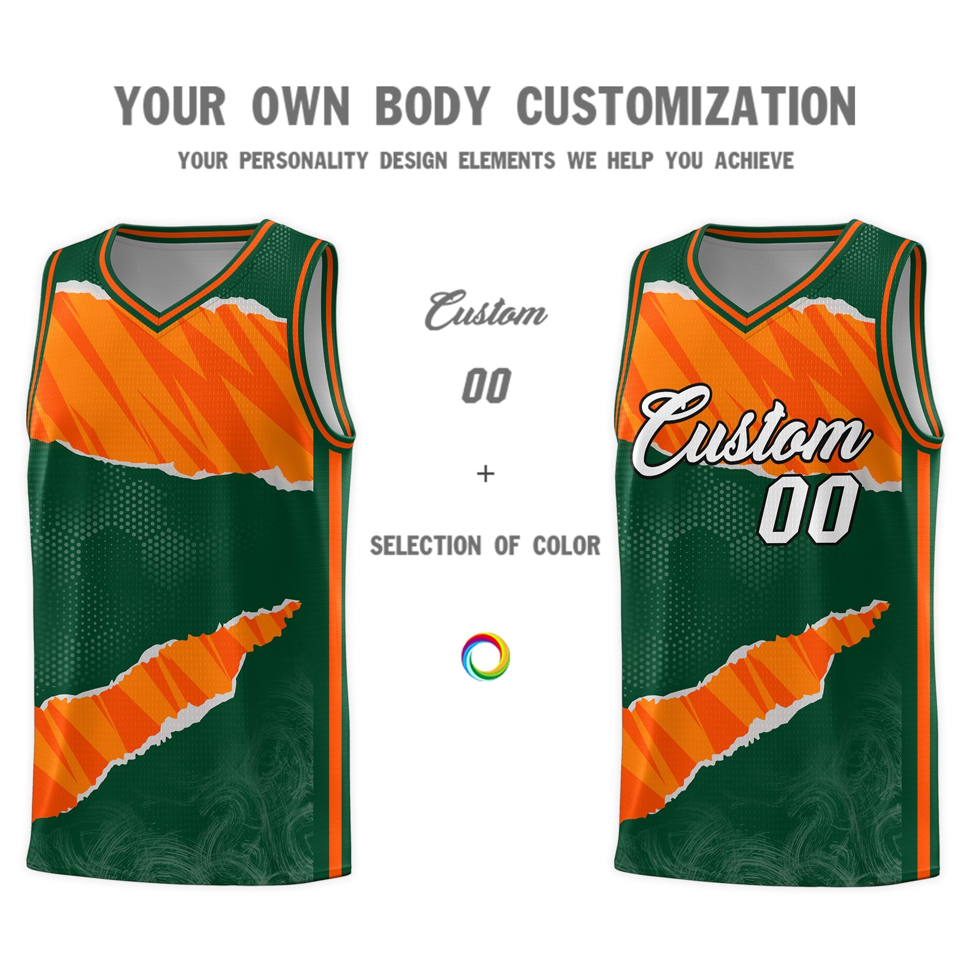 Custom Hunter Green Orange-Gold Tear Graffiti Pattern Sports Uniform Basketball Jersey