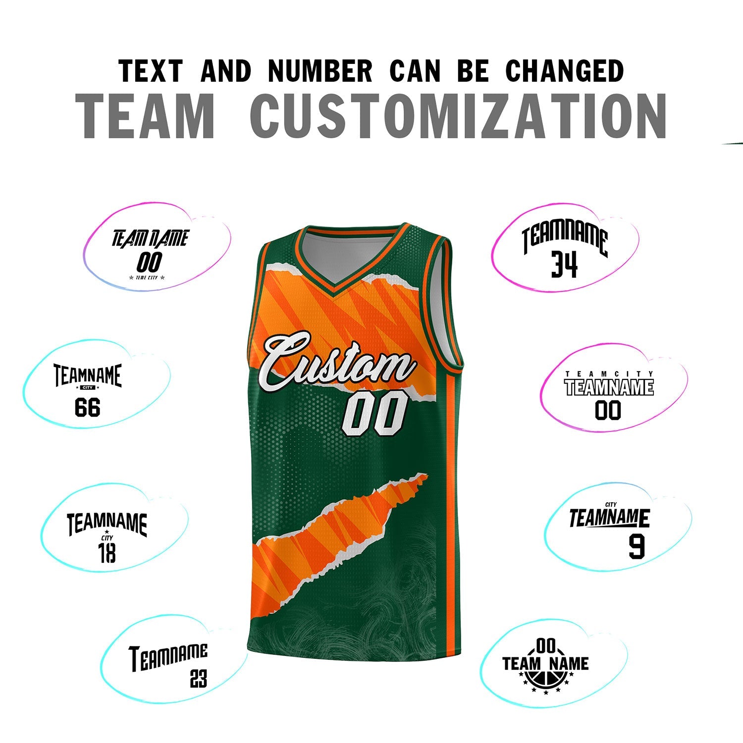 Custom Hunter Green Orange-Gold Tear Graffiti Pattern Sports Uniform Basketball Jersey