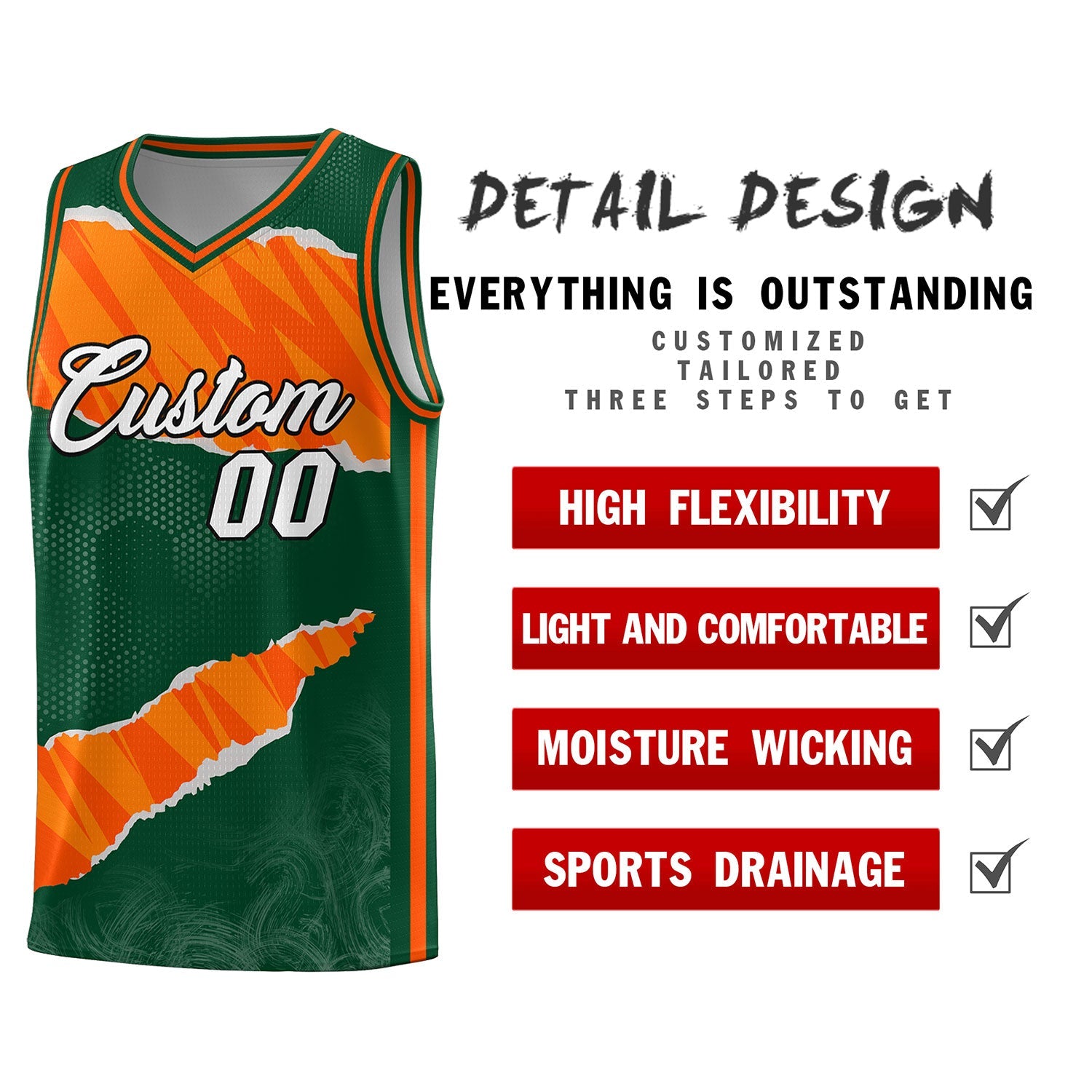 Custom Hunter Green Orange-Gold Tear Graffiti Pattern Sports Uniform Basketball Jersey