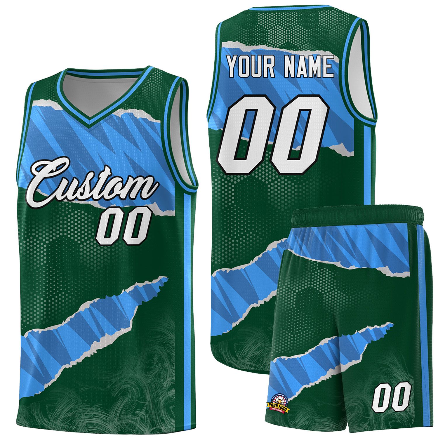 Custom Hunter Green Light Blue-Navy Tear Graffiti Pattern Sports Uniform Basketball Jersey