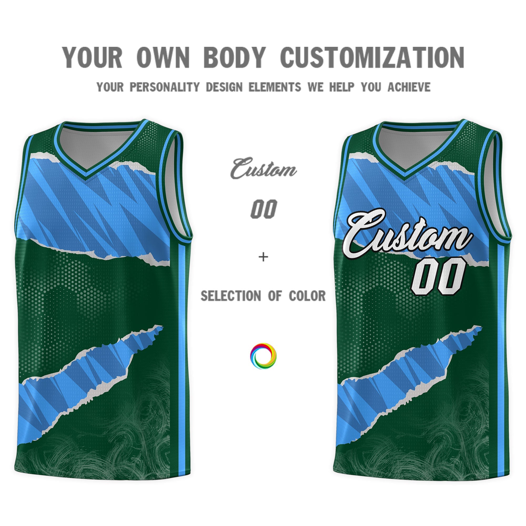 Custom Hunter Green Light Blue-Navy Tear Graffiti Pattern Sports Uniform Basketball Jersey