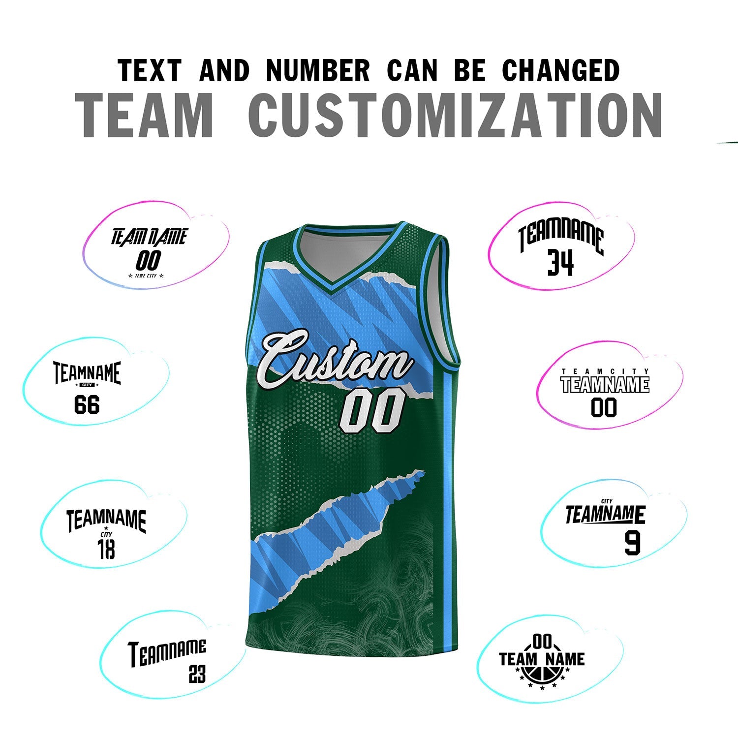 Custom Hunter Green Light Blue-Navy Tear Graffiti Pattern Sports Uniform Basketball Jersey